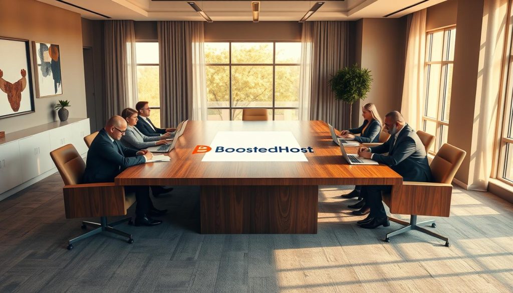 A modern, elegant office interior with a large wooden conference table. The table is adorned with a sleek, minimalist BoostedHost logo in the center. The room is bathed in warm, natural lighting streaming through large windows, creating a inviting atmosphere. The walls are decorated with abstract art pieces, and the floors are covered in a plush, gray carpet. Executives are seated around the table, engaged in a discussion, with laptops and documents spread out in front of them. The scene conveys a sense of professionalism, collaboration, and the importance of hosting high-level meetings. A modern, elegant office interior with a large wooden conference table. The table is adorned with a sleek, minimalist BoostedHost logo in the center. The room is bathed in warm, natural lighting streaming through large windows, creating a inviting atmosphere. The walls are decorated with abstract art pieces, and the floors are covered in a plush, gray carpet. Executives are seated around the table, engaged in a discussion, with laptops and documents spread out in front of them. The scene conveys a sense of professionalism, collaboration, and the importance of hosting high-level meetings.