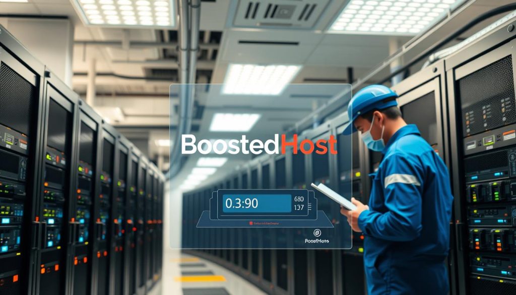 A modern, high-tech data center interior with rows of server racks, blinking indicator lights, and a technician in a blue uniform inspecting the equipment. The lighting is bright and clean, with a mixture of warm and cool tones. The camera angle is slightly elevated, providing a comprehensive view of the organized, efficient environment. In the foreground, a holographic display shows the BoostedHost logo and system diagnostics, indicating the hosting environment is being validated for optimal performance and reliability.