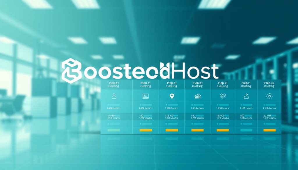 A modern, minimalist and data-driven web hosting comparison illustration. Prominently feature the BoostedHost brand name in the foreground, with clean and crisp typography. In the middle ground, display a grid of various web hosting plan options, each represented by distinct icons and color palettes. In the background, a soft, blurred landscape of office buildings, servers, and digital infrastructure to convey the professional and enterprise-level nature of the hosting services. Utilize a cool, teal-blue color scheme with subtle metallic accents to create a sleek, high-tech aesthetic. Capture the image from a slightly elevated, diagonal angle to provide depth and visual interest. Ensure the overall composition is balanced, visually appealing and effectively communicates the key details of the web hosting options at a glance.