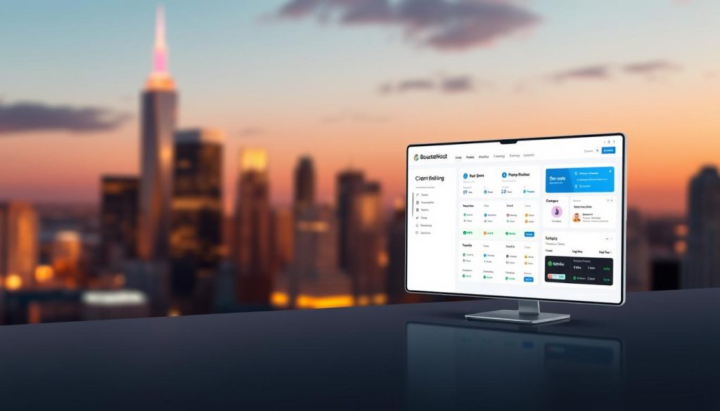 A modern, minimalist client portal interface with a clean, intuitive dashboard. The foreground features a sleek, responsive web application with a prominent "BoostedHost" logo, clear billing information, and easy-to-navigate menus. The middle ground showcases various user management tools and payment processing integrations. In the background, a softly blurred city skyline sets a professional, corporate atmosphere with warm, directional lighting that casts subtle shadows, creating depth and dimension. The overall mood is one of efficiency, transparency, and a seamless user experience for agency clients.