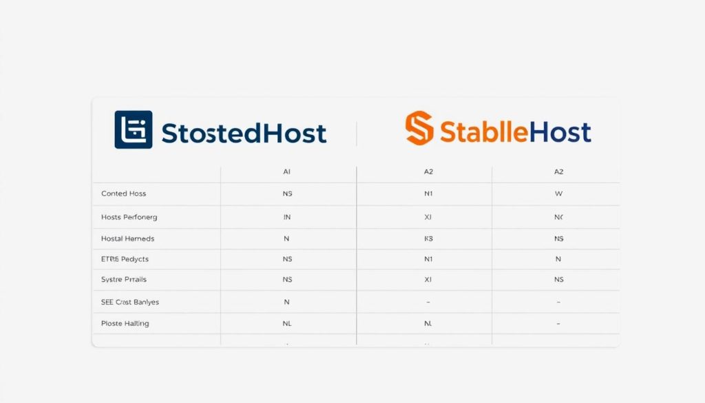 A modern, minimalist comparison chart depicting hosting plan details for BoostedHost and StableHost. The chart is displayed on a clean, white background with subtle grid lines. The BoostedHost and StableHost logos are prominently featured at the top, conveying a sense of professionalism and authority. The plan details are presented in a clear, well-organized tabular format, allowing easy side-by-side comparison. Precise, high-quality render with natural lighting and a shallow depth of field, creating a premium, editorial feel. The overall tone is one of informed decision-making, guiding the viewer to confidently evaluate the hosting providers' offerings.
