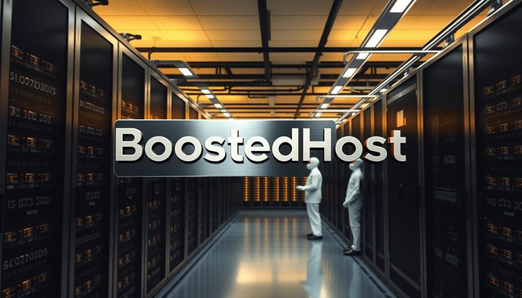 A modern, minimalist data center with rows of sleek, black server racks and a warm, ambient lighting. In the foreground, a large "BoostedHost" logo floats, its metallic surface reflecting the soft glow of the environment. The middle ground features technicians in clean-room attire, meticulously maintaining the servers. The background showcases a panoramic view of the facility, with state-of-the-art cooling systems and a network of cables and fiber optics. The overall scene conveys a sense of power, reliability, and technical expertise, befitting a premium managed WordPress and VPS hosting provider.