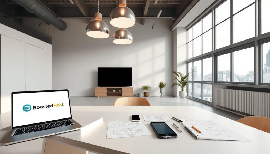 A modern, minimalist design studio with clean lines, neutral tones, and natural textures. In the foreground, a simple geometric desk with a laptop displaying the BoostedHost brand logo. Above, suspended pendant lights cast a warm, diffused glow. In the middle ground, various web design elements - a tablet, a smartphone, and a sketchpad with hand-drawn wireframes. The background features a large window overlooking a cityscape, allowing natural light to flood the space. The overall atmosphere is one of focused creativity, professionalism, and design consistency.