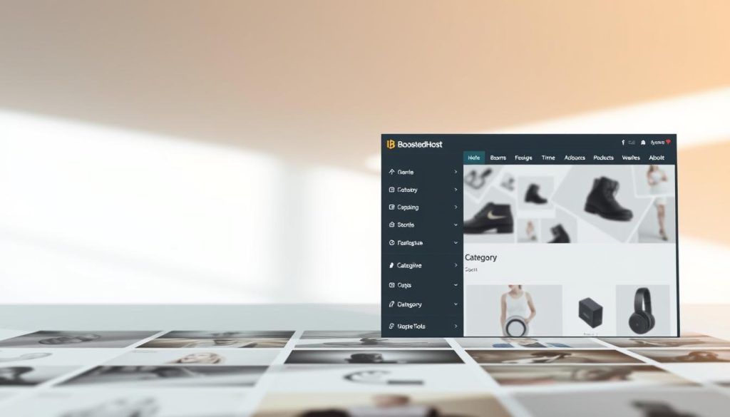 A modern, minimalist e-commerce collection navigation interface featuring the BoostedHost brand. In the foreground, a clean, responsive grid layout showcases product thumbnails with subtle shadows and highlights, inviting exploration. The middle ground holds a streamlined navigation menu with intuitive category links, enabling smooth, lightning-fast discovery. In the background, a soft, blurred gradient backdrop adds depth and a sense of refined elegance. Soft, directional lighting creates a warm, inviting atmosphere, highlighting the clean, uncluttered design. The overall composition conveys a seamless, efficient shopping experience tailored for today's discerning online consumers.