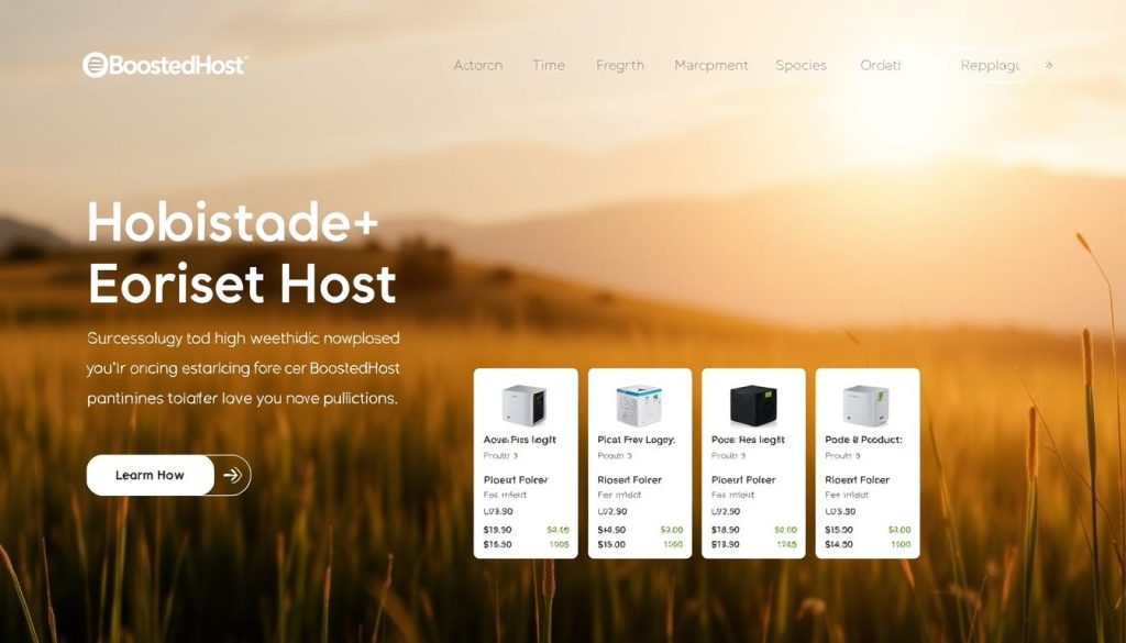 A modern, minimalist ecommerce website with a sleek, mobile-optimized design. The homepage features a prominent hero section showcasing the BoostedHost brand, with high-quality product imagery and a clean, inviting layout. In the middle ground, detailed product listings are displayed in a grid, highlighting key features and pricing. The background depicts a serene, natural setting with soft lighting, suggesting a calm and trustworthy shopping experience. The overall mood is professional, user-friendly, and tailored to the needs of online shoppers.