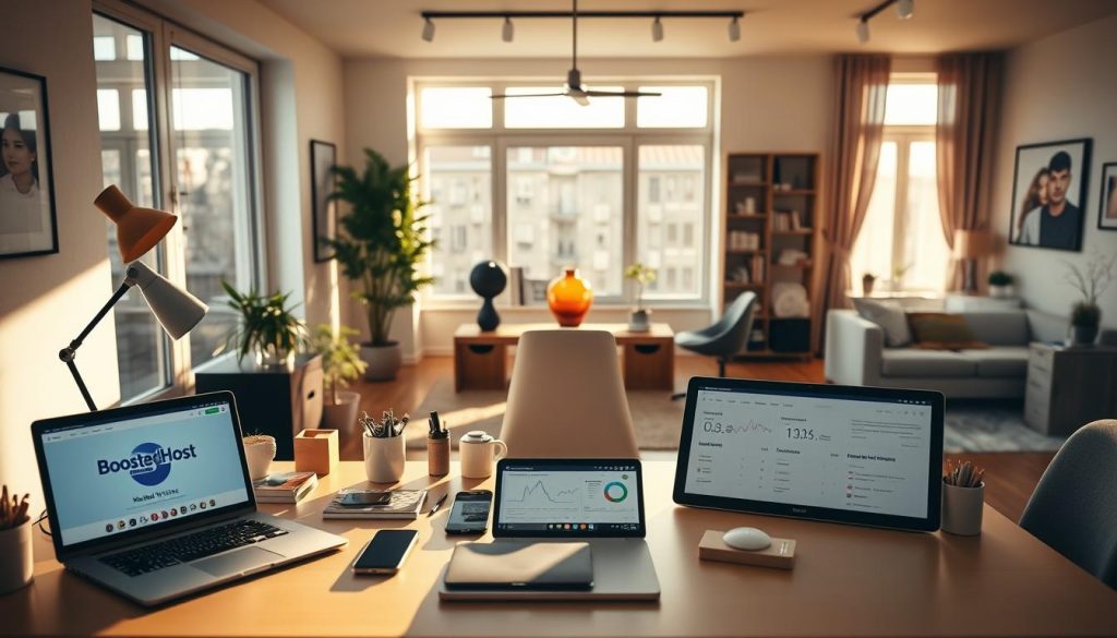 A modern, minimalist home office workspace with a BoostedHost logo prominently displayed on the desk. The room is bathed in warm, natural lighting filtering in through large windows, casting soft shadows across the desk and accessories. In the foreground, various web vitals testing tools and devices are neatly arranged, including a laptop, smartphone, and a tablet displaying analytics dashboards. The middle ground features carefully curated office supplies and decor, complementing the clean, professional aesthetic. The background showcases a tasteful blend of contemporary furniture and decor, creating a harmonious, productivity-focused environment.
