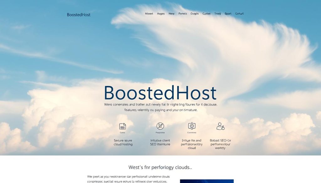 A modern, minimalist law firm website set against a serene, cloud-filled sky. In the foreground, the clean, responsive design of the "BoostedHost" homepage showcases elegant typography and subtle branding. The middle ground features an array of icons and graphics representing the site's key features: secure cloud hosting, intuitive client intake forms, and robust SEO optimization. In the background, wispy, illuminated clouds create a calming, professional atmosphere, conveying the firm's reliable, high-performance cloud infrastructure. The overall composition evokes a sense of trust, efficiency, and technological sophistication.