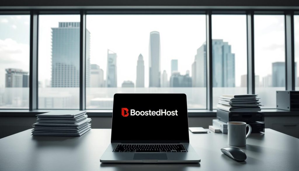 A modern, minimalist office setting with a large window overlooking a cityscape. In the foreground, a sleek laptop displaying the BoostedHost logo, accompanied by a keyboard, mouse, and a cup of coffee. The middle ground features several stacks of documents and a desk organizer. The background showcases a skyline with tall, modern buildings and a vibrant, diffused lighting from the window. The overall atmosphere is one of productivity, efficiency, and attention to detail, reflecting the key features one should insist on in a high-quality WordPress hosting service in 2025.