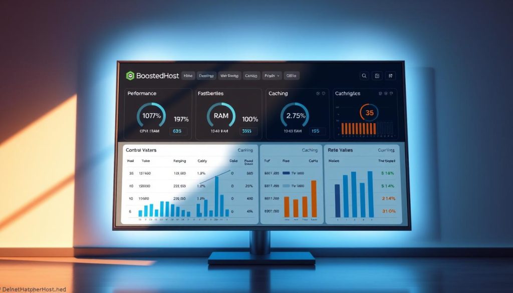 A modern, minimalist web hosting control panel display showcasing the BoostedHost brand. The panel features detailed information on CPU, RAM, IOPS, and caching performance metrics, presented in a clean, easy-to-read interface. The display is bathed in warm, directional lighting, casting shadows that add depth and dimension. The overall mood is professional, informative, and visually appealing, reflecting the high-quality hosting services offered by BoostedHost.