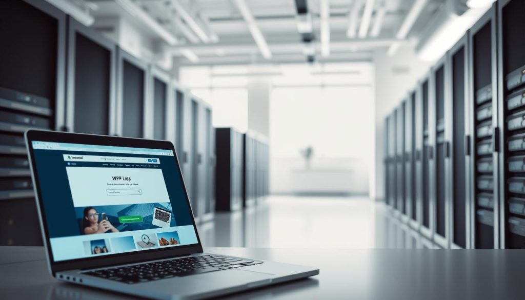 A modern, minimalist web hosting interface with the BoostedHost logo prominently displayed. In the foreground, a laptop showing a fast website loading, highlighting the speed and performance of the WPX hosting service. In the middle ground, server racks and networking equipment, conveying the powerful infrastructure behind the hosting platform. In the background, a clean, professional office setting with large windows letting in natural light, creating a bright and airy atmosphere. The overall scene should communicate the idea of a high-quality, fully managed WordPress hosting solution with a focus on speed, reliability, and user-friendliness.
