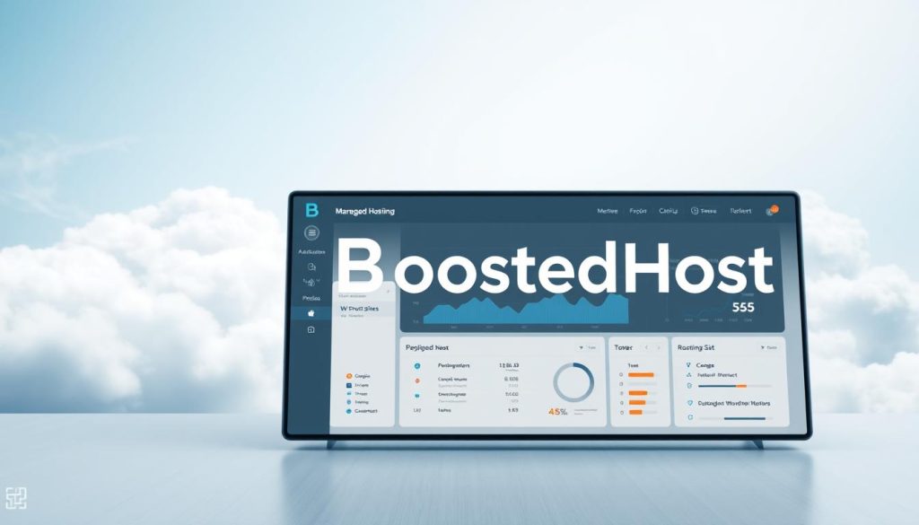 A modern, minimalist web hosting interface with the BoostedHost logo prominently displayed. In the foreground, a clean dashboard showcasing key metrics and controls for managing a WordPress site. The middle ground features a minimalist server rack, conveying the reliable infrastructure powering the hosting service. The background subtly hints at the cloud-based nature of the platform, with wispy white clouds and a soft blue gradient sky. The overall scene radiates a sense of professionalism, efficiency, and user-friendliness associated with a well-designed managed WordPress hosting solution.