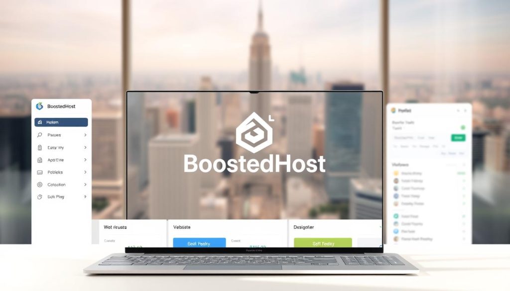 A modern, minimalist web hosting service interface showcasing the BoostedHost brand. In the foreground, a sleek, responsive website builder dashboard with intuitive drag-and-drop tools. In the middle ground, a crisp, high-resolution illustration of the BoostedHost logo, conveying a sense of professionalism and reliability. The background features a softly blurred cityscape, hinting at the global reach and enterprise-level capabilities of the hosting platform. The overall scene is bathed in a warm, natural lighting, creating a welcoming and approachable atmosphere for the user.