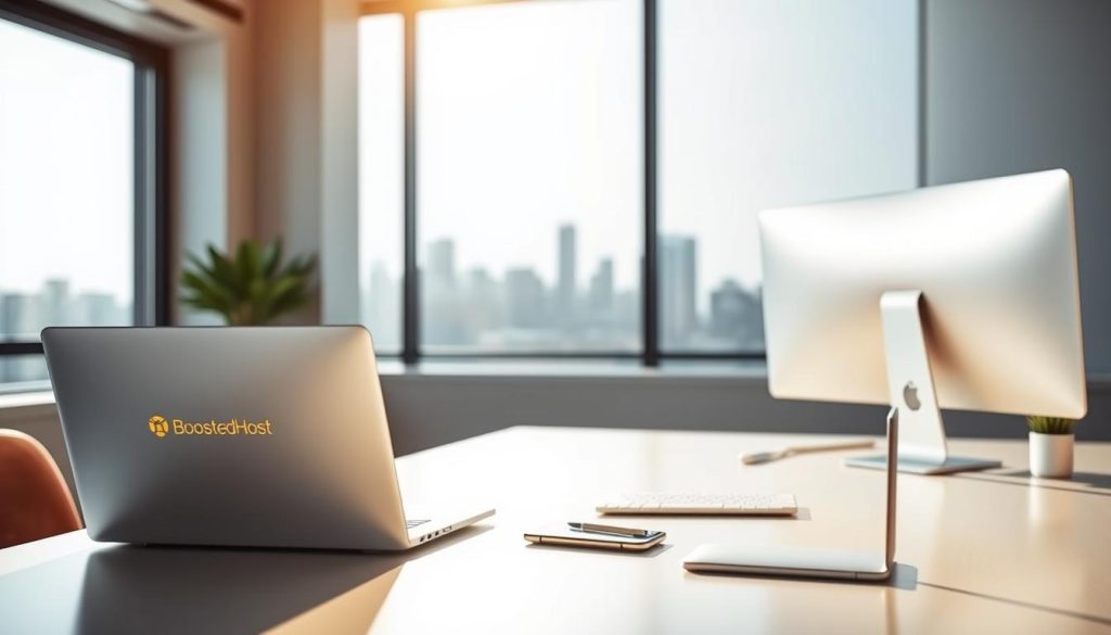 A modern, minimalist web hosting workspace with a BoostedHost branded laptop, a sleek desktop computer, and a smartphone displaying website analytics. The scene is bathed in warm, natural lighting, creating a professional and productive atmosphere. The tabletop is clean, with a few neatly arranged office supplies, and the background features a simple, blurred city skyline through a large window, suggesting a well-appointed corporate setting. The overall impression conveys the reliable and efficient nature of the web hosting service.