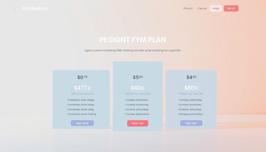 A modern, minimalist web interface displaying the pricing plans of BoostedHost, a leading web hosting provider. The foreground features three visually distinct plan options, each with a clean layout showcasing key features and pricing details. The middle ground includes subtle icons and graphical elements that complement the plan structure. The background has a soft, gradient-based color scheme that creates a professional, corporate atmosphere. Bright, balanced lighting highlights the plans' clarity and the company's branding. The overall composition conveys a sense of transparency, value, and attention to detail that would appeal to agency clients.