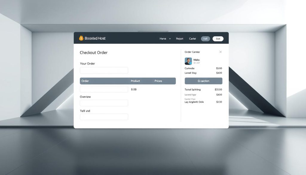 A modern, minimalist web interface showcasing the BoostedHost checkout experience. The foreground features a clean, intuitive checkout form with well-spaced input fields and clear labels. The middle ground displays an overview of the order, including a product image, name, and price. The background depicts a sleek, high-contrast environment with geometric shapes and subtle lighting, conveying a sense of efficiency and speed. The overall scene is captured with a wide-angle lens, creating a sense of depth and emphasizing the streamlined checkout flow. The lighting is soft and natural, creating a calm, professional atmosphere.