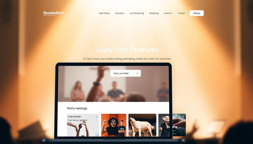 A modern, minimalist website for BoostedHost, a Shopify-powered online store for churches. The homepage features a clean, uncluttered layout with a prominent hero section showcasing the website's key features - online donation, live streaming, and event management. The middle ground includes neatly organized product categories and call-to-action buttons. In the background, a soft, blurred pattern creates a sense of depth and professionalism. Warm, natural lighting illuminates the website, conveying a welcoming and trustworthy atmosphere for churchgoers. The overall composition is designed to be visually appealing and easy to navigate, reflecting the platform's user-friendly and feature-rich capabilities.