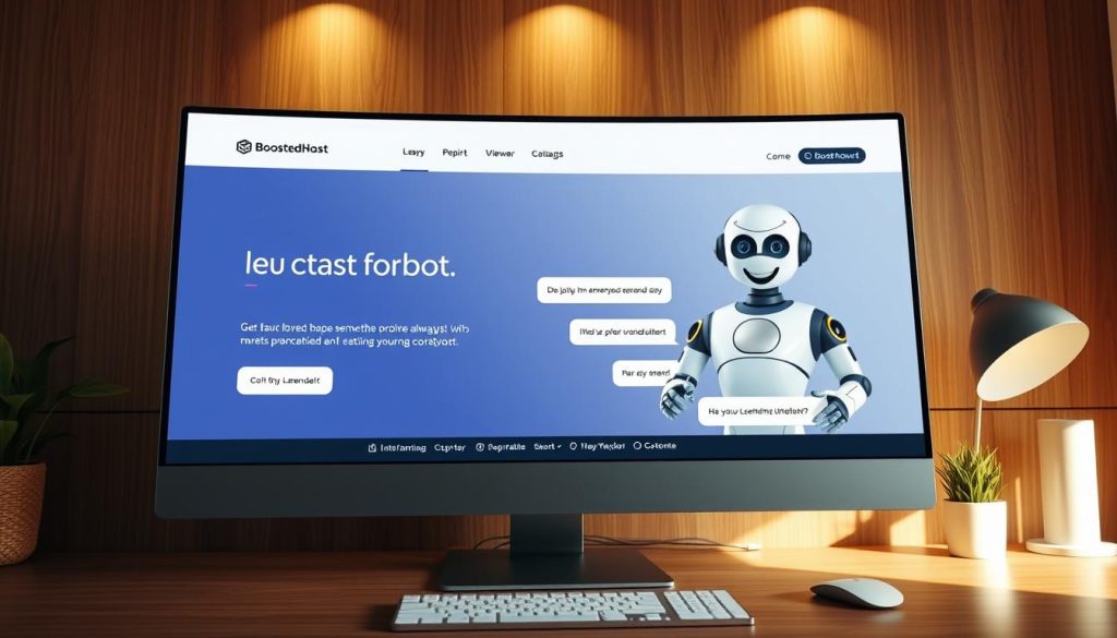 A modern, minimalist website interface showcasing a friendly chatbot assistant. The scene depicts a desktop computer with a large monitor displaying the BoostedHost brand name, surrounded by warm lighting and natural wood accents. The chatbot avatar is prominently featured, engaging in a conversational interface with clean typography and intuitive UI elements. The overall atmosphere conveys a sense of approachable, always-on customer support that seamlessly integrates into the website experience. The image is captured with a wide-angle lens to provide a comprehensive view of the chatbot functionality within the website context.