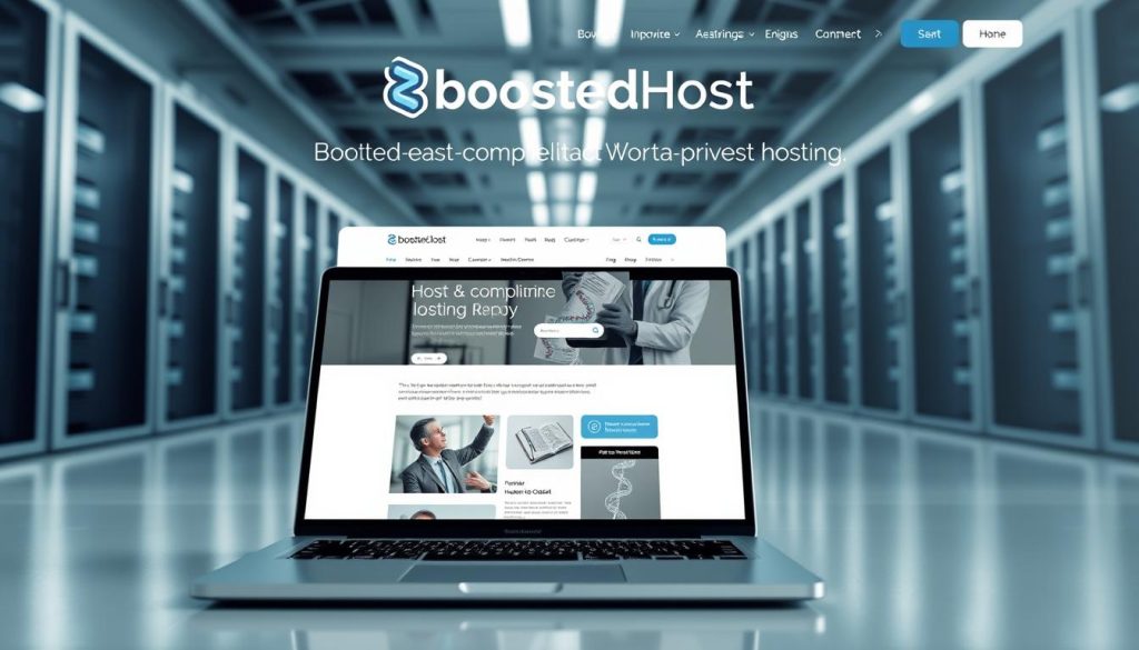 A modern, minimalist website with a clean, responsive design showcasing the BoostedHost brand and its fast, HIPAA-compliant WordPress hosting. The foreground depicts a laptop displaying a health clinic's website, with a crisp, high-resolution monitor rendering the site at lightning-fast speeds. The middle ground features server racks in a sleek, well-lit data center, representing the reliable infrastructure powering the hosting service. The background subtly hints at medical imagery, such as a stethoscope or a DNA helix, to convey the healthcare focus. The overall atmosphere is professional, trustworthy, and technology-driven, perfectly suited for the needs of doctor's offices and medical clinics.