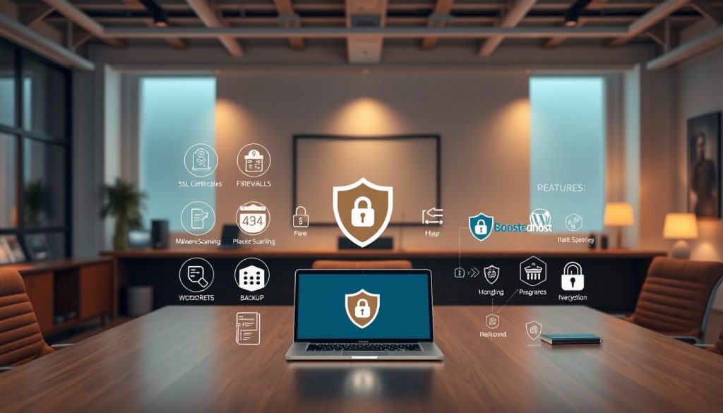 A modern office interior with a large desk showcasing a laptop displaying the BoostedHost logo. On the desk, various security icons and symbols are arranged, representing features like SSL certificates, firewalls, malware scanning, and backup systems. The room is well-lit, with warm, professional lighting and minimalist decor, creating an atmosphere of security and reliability. The camera angle is slightly elevated, giving a comprehensive view of the desk and the overall workspace, emphasizing the importance of hosting security for a WordPress website.