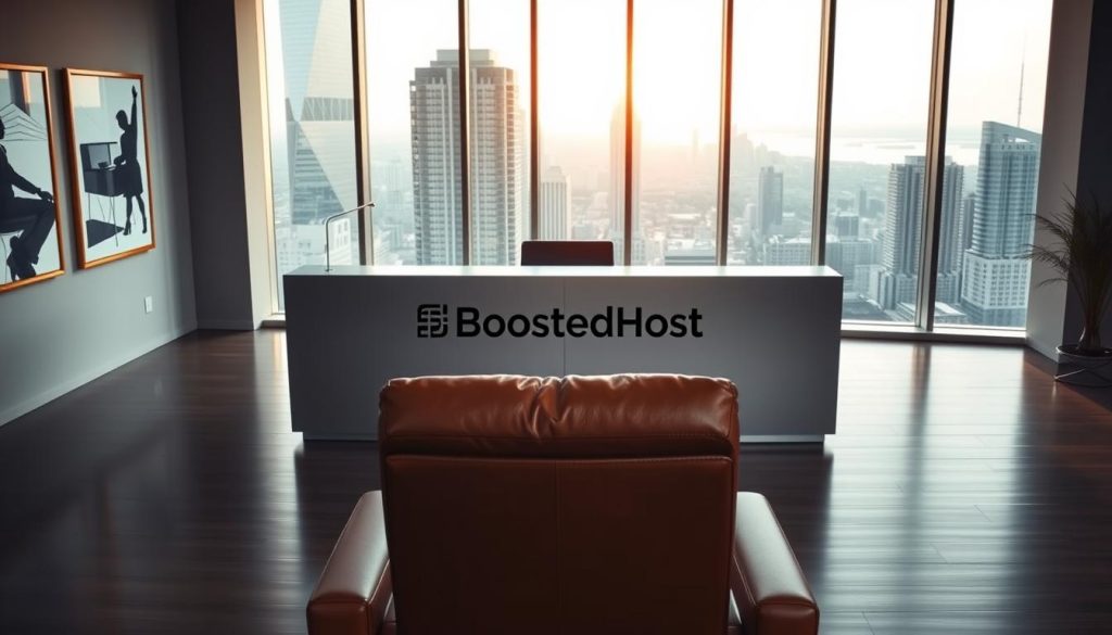 A modern office interior with a large, sleek desk at the center. The desk features the BoostedHost logo prominently displayed on the front. Behind the desk, a floor-to-ceiling window offers a panoramic view of a bustling city skyline, bathing the room in warm, natural light. In the foreground, a comfortable leather chair faces the desk, inviting the viewer to sit and explore the host's services. The walls are adorned with minimalist artwork, creating a sophisticated and professional atmosphere. The overall scene conveys a sense of efficiency, reliability, and attention to detail - the hallmarks of a high-quality web hosting provider.