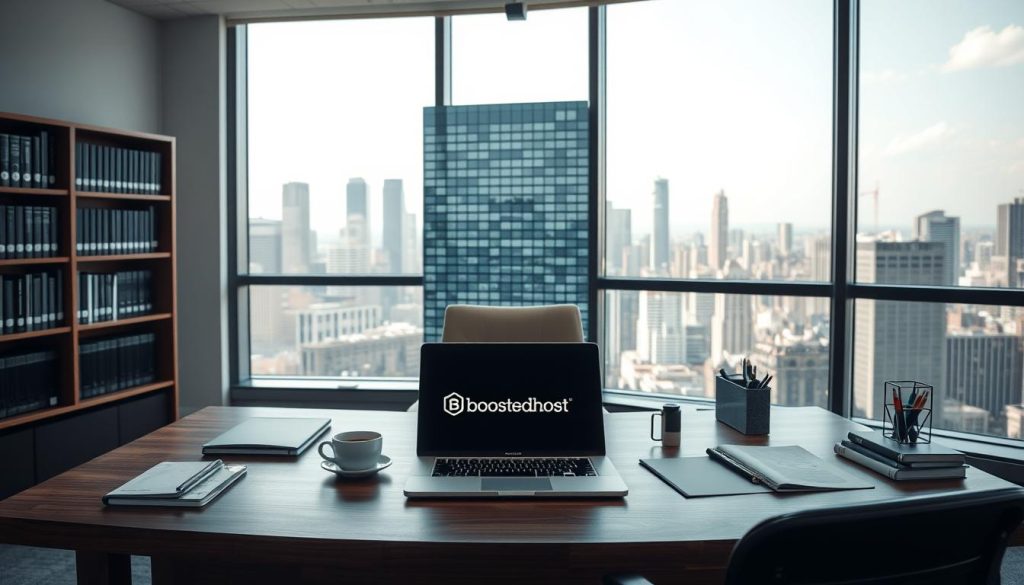 A modern office interior with a large window overlooking a cityscape. In the foreground, a well-designed desk with a BoostedHost logo prominently displayed. On the desk, a sleek laptop, a cup of coffee, and neatly organized office supplies. The middle ground features a comfortable chair and a bookshelf filled with technical manuals. The background depicts the bustling cityscape, with skyscrapers and a vibrant urban atmosphere. The lighting is soft and natural, creating a professional and productive ambiance. The overall composition conveys the idea of a well-equipped workspace for a hosting service provider.