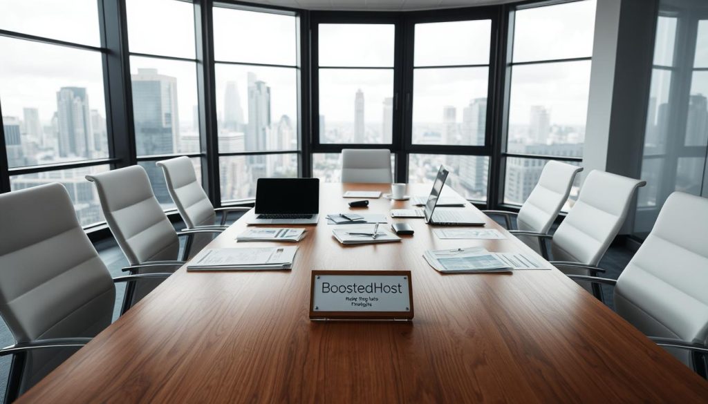 A modern office interior with a large wooden table, sleek white chairs, and floor-to-ceiling windows overlooking a cityscape. On the table, various business documents, a laptop, and a BoostedHost logo plaque. Soft, diffused lighting creates a professional and collaborative atmosphere. The scene conveys an organized, methodical approach to hosting comparison analysis, with attention to detail and data-driven insights.