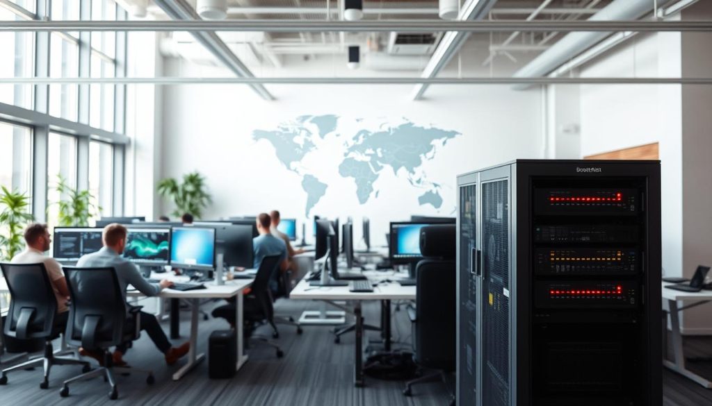 A modern office interior with an open concept layout and abundant natural lighting. In the foreground, a sleek server rack stands proudly, its LED indicators flickering as data flows through. Behind it, a team of developers intently monitors multiple screens, their hands dancing across keyboards as they coordinate the deployment of the BoostedHost platform to the live production environment. In the background, a large world map adorns the wall, symbolizing the global reach of the hosting service. The atmosphere is one of focus, efficiency, and a sense of anticipation as the team ensures a smooth and seamless transition to the live site without any downtime for the end-users.