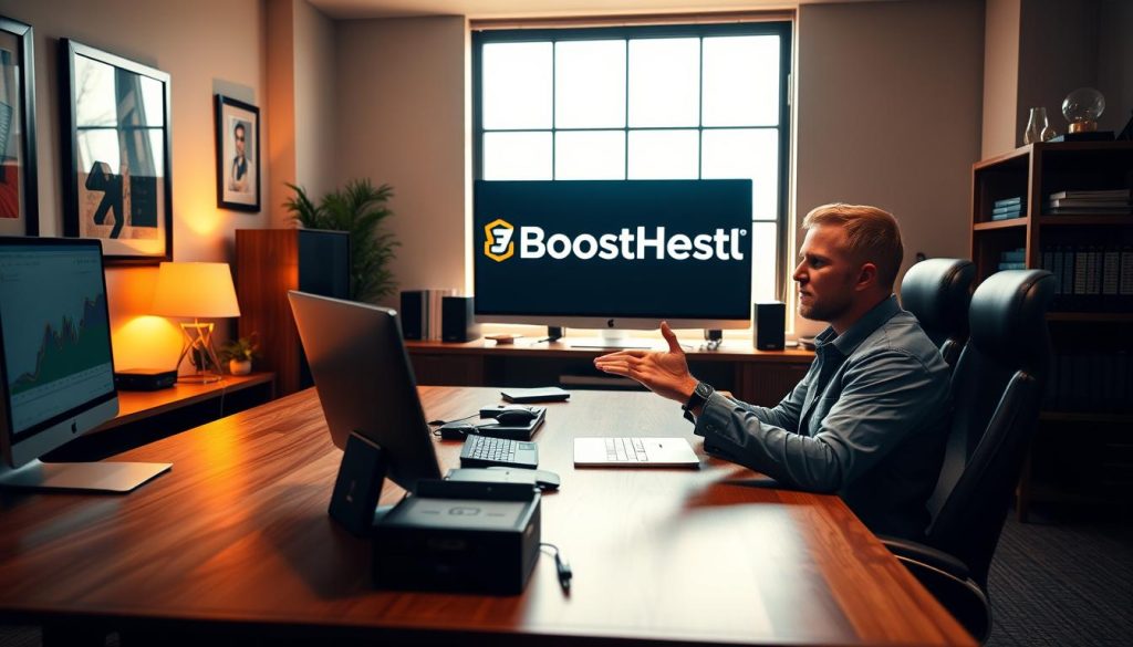 A modern office setting with a large wooden desk, a high-end computer setup, and a BoostedHost logo prominently displayed. Warm, directional lighting from a window in the background casts a soft glow, creating an inviting atmosphere. In the foreground, a professional-looking person sits at the desk, their hands gesturing as if explaining or presenting something to an unseen audience. The overall scene conveys a sense of authority, expertise, and the ability to guide and inform readers about web hosting platforms.