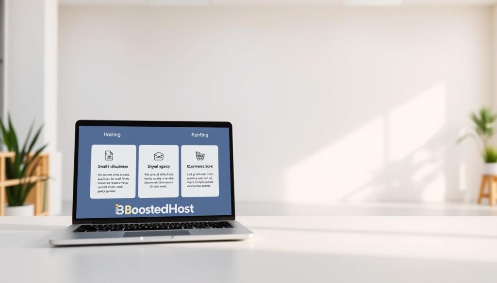 A modern office space with a minimalist aesthetic. In the foreground, a BoostedHost laptop showcases hosting plan options catered to different business needs - a blogger, a small-to-medium business, a digital agency, and an eCommerce store. The middle ground features stylized icons and graphics representing the key features of each plan. The background is a clean, bright environment with soft, natural lighting, conveying a sense of professionalism and reliability. The overall scene communicates the versatility of BoostedHost's hosting solutions, empowering users to make informed decisions based on their specific requirements.