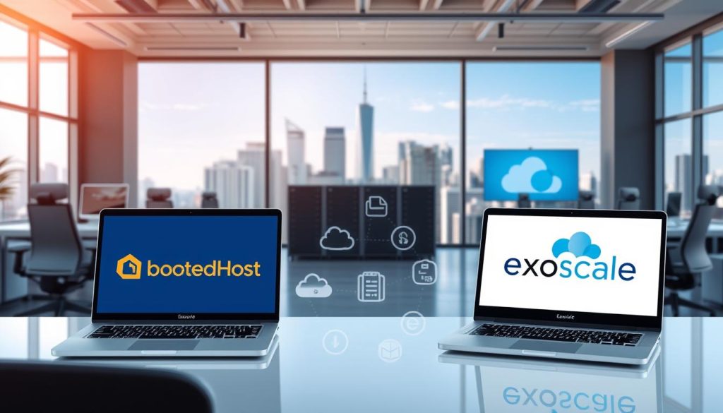 A modern office space with ergonomic furniture and clean lines, illuminated by soft, diffused lighting from large windows. In the foreground, two laptops display the BoostedHost and Exoscale logos, symbolizing the hosting services choice. The middle ground features various cloud computing icons and server racks, conveying the technological infrastructure behind the platforms. In the background, a cityscape with towering skyscrapers and a clear blue sky suggests a professional, urban setting. The overall atmosphere is one of efficiency, reliability, and industry leadership.