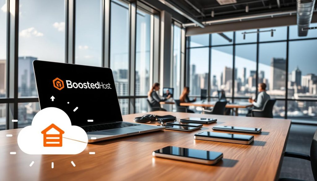 A modern office space with natural lighting streaming through large windows, showcasing a sleek desk setup featuring a laptop displaying the BoostedHost logo. On the desk, various digital devices like smartphones and tablets are arranged, conveying a sense of continuous connectivity and updates. The foreground features a stylized icon or illustration representing software updates, data synchronization, and cloud-based systems. The middle ground depicts people collaborating remotely, their faces visible on video conference screens. In the background, a city skyline with towering buildings suggests a thriving, tech-driven environment. The overall atmosphere is one of productivity, innovation, and the seamless integration of technology into everyday work life.