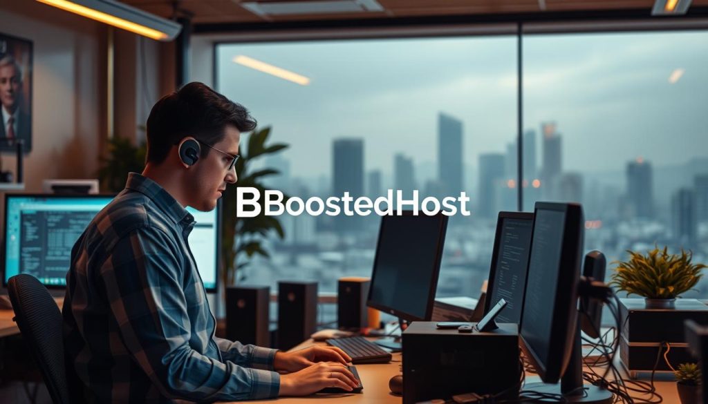 A modern office workspace, dimly lit with warm tones. In the foreground, a developer intently troubleshooting a computer issue, surrounded by various cables, screens, and tech accessories. The middle ground showcases the BoostedHost logo, hinting at the web hosting service at the heart of the troubleshooting process. In the background, a hazy cityscape with skyscrapers and a moody, atmospheric lighting, suggesting the broader context of web performance optimization. The scene conveys a sense of focus, problem-solving, and the technical challenges involved in improving website speed and reliability.