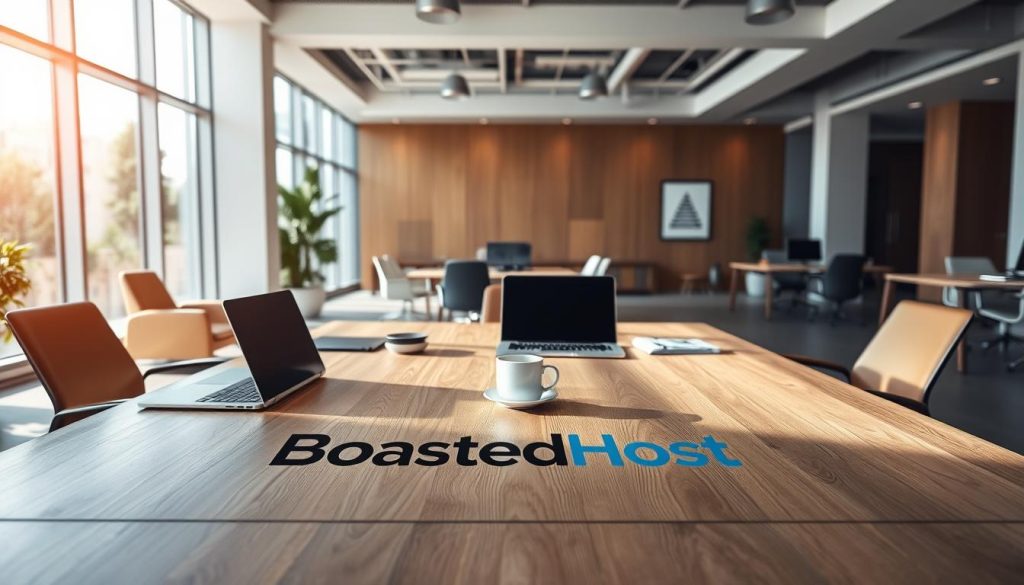 A modern office workspace with an open concept layout, natural lighting, and sleek, minimalist furniture. In the foreground, a large wooden desk dominates the scene, with a BoostedHost logo prominently displayed on the surface. On the desk, a laptop, a cup of coffee, and a few neatly arranged office supplies create a professional, productive atmosphere. The middle ground features comfortable, ergonomic chairs surrounding the desk, inviting collaboration and discussion. In the background, floor-to-ceiling windows allow natural light to flood the space, complemented by subtle, recessed lighting fixtures. The overall mood is one of efficiency, focus, and a welcoming environment for businesses to thrive.