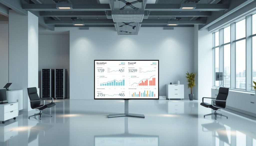 A modern, professional-looking data visualization comparing search engine optimization (SEO) data for hosting providers BoostedHost and PhoenixNAP. The scene depicts a clean, minimal office workspace with a large display screen in the middle showing detailed side-by-side metrics and analytics. The background features sleek, modern office furniture and equipment. Soft, directional lighting creates depth and highlights the data visualization. The overall tone is one of analytical rigor, data-driven decision making, and technological sophistication.