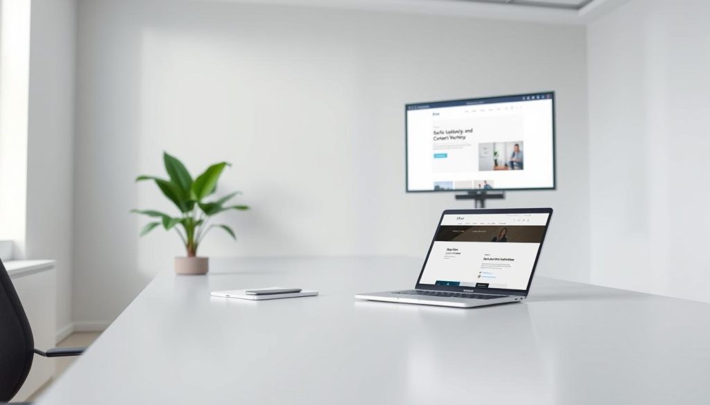 A modern, professional-looking staging environment for a WordPress website hosted on the BoostedHost platform. The scene depicts a well-lit, minimalist office space with a large desk, a laptop displaying a staging site, and a potted plant adding a touch of nature. The lighting is soft and diffused, creating a calming atmosphere. The camera angle is slightly elevated, providing a dynamic perspective that showcases the clean and organized layout of the workspace. The staging site on the laptop screen displays a simple, elegant design with clear navigation and content areas, reflecting the "Safe database rules and content sync workflows" theme.