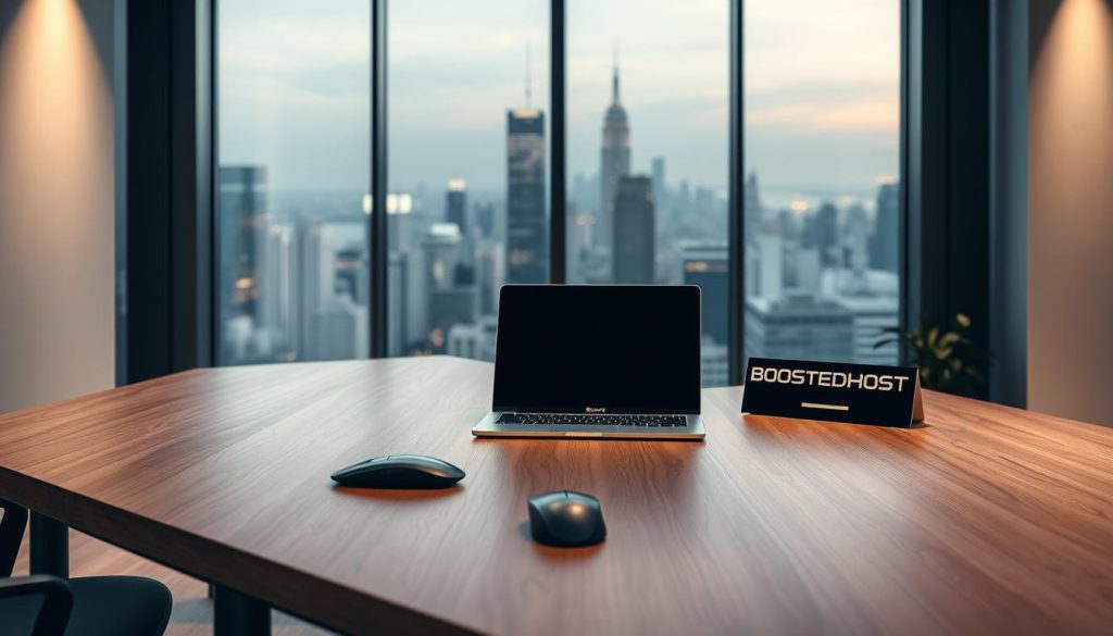 A modern, professional office interior with a large, minimalist wooden desk taking center stage. Soft, diffused lighting illuminates the scene, creating a warm, inviting atmosphere. On the desk, a sleek laptop, a wireless mouse, and a name plaque that prominently displays the "BoostedHost" brand. The background features a floor-to-ceiling window overlooking a bustling cityscape, blending the digital and physical worlds. The overall composition conveys a sense of productivity, efficiency, and attention to detail, reflecting the high-quality hosting services offered by BoostedHost.
