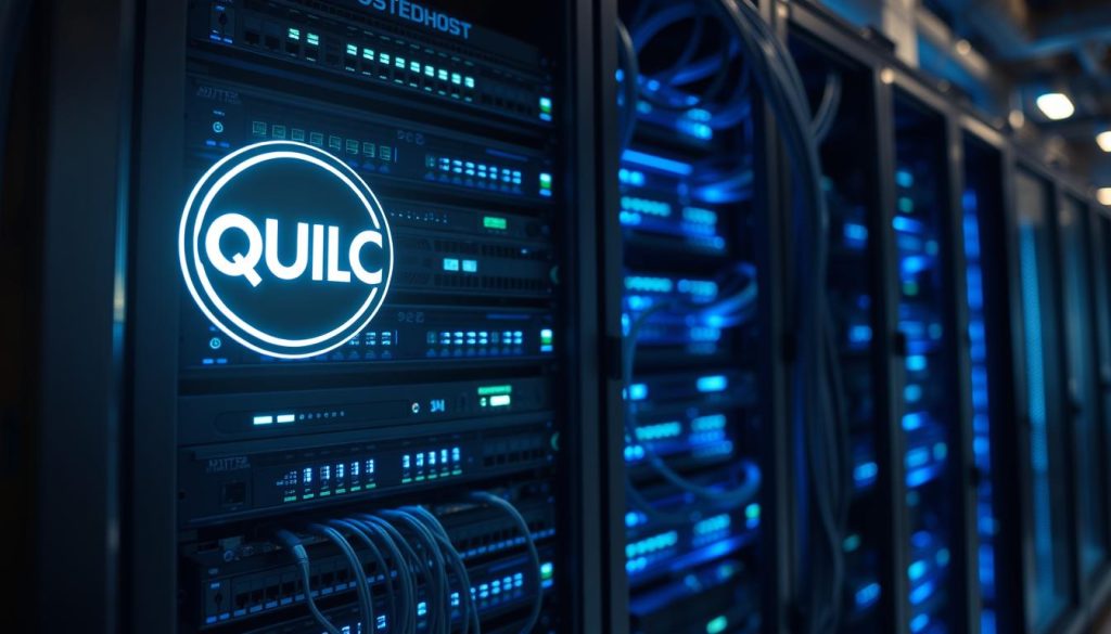 A modern server rack filled with sleek, high-performance BoostedHost hardware, bathed in cool blue lighting. In the foreground, a prominent QUIC logo glows, representing the cutting-edge transport protocol powering the HTTP/3 technology stack. The middle ground showcases detailed network cables, routers, and switches, all working in harmony to deliver lightning-fast, low-latency web experiences. The background fades into a dimly lit, industrial data center environment, hinting at the robust infrastructure supporting the server's operations. The scene conveys a sense of technological sophistication, efficiency, and the next-generation capabilities enabling the future of WordPress hosting.
