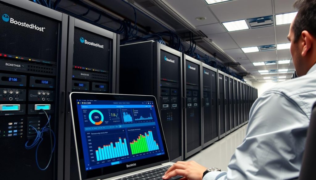 A modern server room with rows of server racks, each hosting high-performance BoostedHost web servers. The room is illuminated by bright, diffused lighting from overhead, casting a clean, clinical atmosphere. Various network cables and cooling equipment are visible, emphasizing the technical nature of the scene. In the foreground, a laptop display shows performance metrics and benchmarking tools, while an engineer closely examines the data, evaluating the content delivery network (CDN) performance. The overall mood is one of analytical focus, highlighting the rigorous testing methodology used to produce "real benchmarks" for the hosting review.
