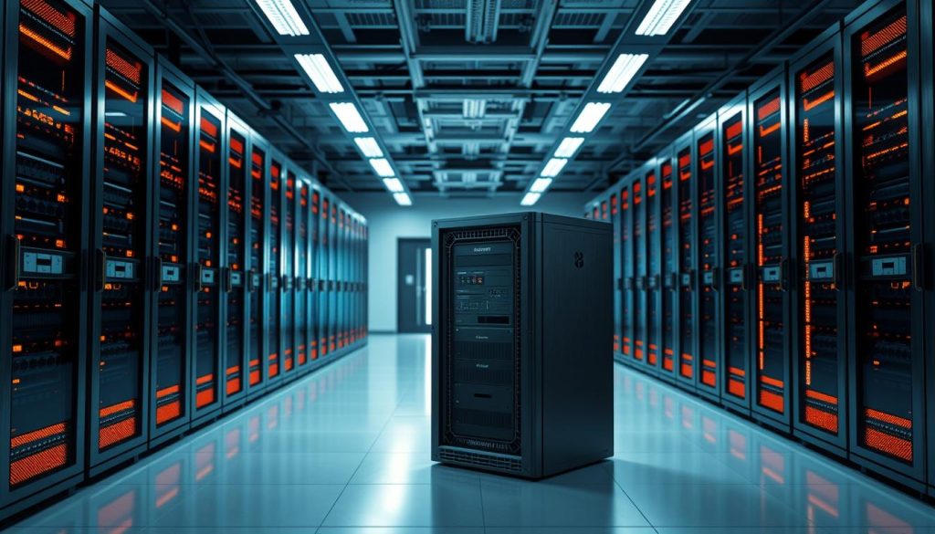 A modern server room with rows of sleek, high-performance BoostedHost server racks, their LED lights casting a warm glow. The room is bathed in cool, indirect lighting, creating a professional and technological atmosphere. In the foreground, a detailed 3D model of a BoostedHost server showcases its intricate design and superior cooling solutions. The background features a panoramic view of the server farm, with neatly organized cable trays and a glimpse of the facility's secure entrance. The overall scene conveys the reliability, efficiency, and cutting-edge nature of BoostedHost's hosting philosophy.