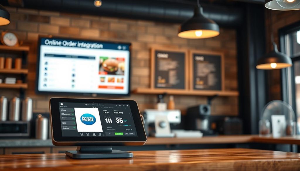 A modern, sleek POS (point-of-sale) system sits atop a wooden counter, its screen displaying a menu with the BoostedHost logo. Behind it, a large touchscreen display showcases online order integration, seamlessly syncing in-person and digital sales. Soft, warm lighting illuminates the scene, creating a cozy, inviting atmosphere. The camera angle captures the system from a slightly elevated perspective, emphasizing its centrality and functionality within the restaurant setting.