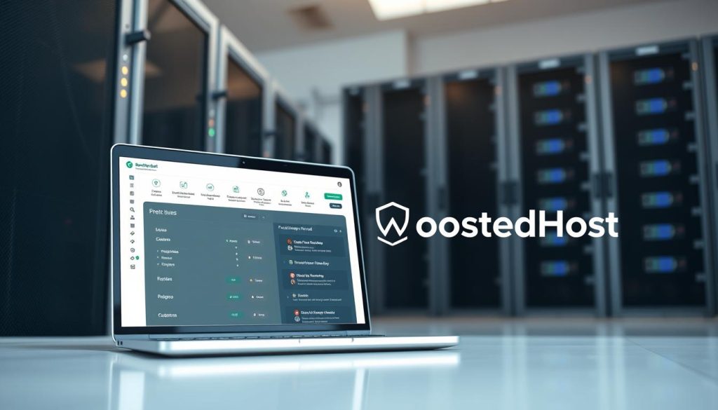 A modern, sleek WordPress firewall plugin with a clean, intuitive user interface. The plugin's control panel is displayed on a laptop screen, showcasing its various configuration options and security features. In the background, a server rack symbolizes the secure infrastructure powering the plugin. The lighting is soft and natural, creating a professional and trustworthy atmosphere. The BoostedHost brand is prominently displayed, indicating the plugin's origin and reliability. The overall scene conveys the plugin's ability to provide robust, application-level protection for WordPress websites.