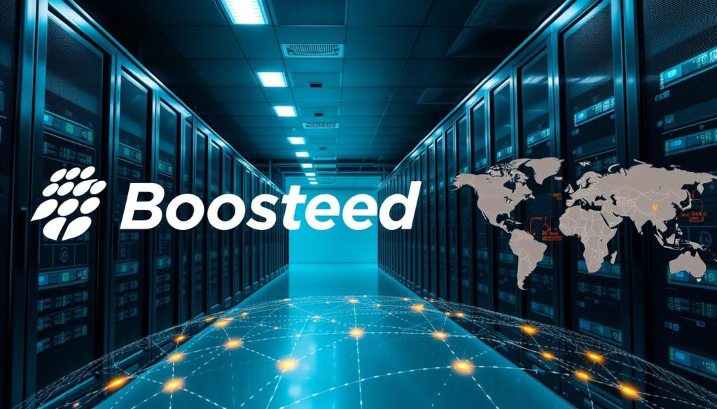A modern, sleek data center filled with rows of powerful LiteSpeed web servers, their cooling systems whirring softly. The BoostedHost logo prominently displayed, emanating a sense of reliability and performance. In the foreground, a global content delivery network (CDN) is visualized, its worldwide network of edge nodes pulsing with low-latency traffic. The background showcases a world map, highlighting BoostedHost's global reach and lightning-fast time-to-first-byte (TTFB) under 200ms, capturing the essence of the "Performance showdown" described in the article.