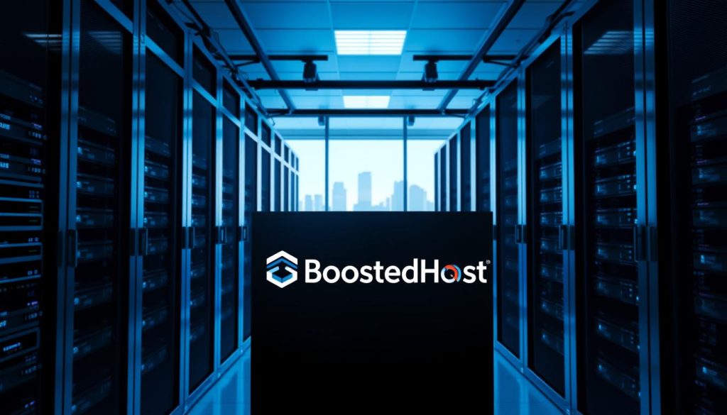 A modern, sleek data center interior with rows of high-performance SSD-based servers. The foreground features a BoostedHost logo prominently displayed on a matte black server chassis. Soft blue lighting illuminates the scene, creating a calming, professional atmosphere. The middle ground showcases neatly organized cable management and cooling systems. The background features a large window overlooking a cityscape, hinting at the scalable cloud infrastructure powering the hosting services. The overall impression is one of efficiency, reliability, and cutting-edge technology.