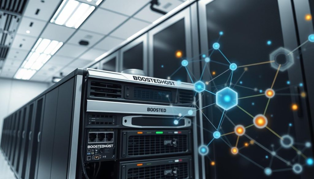 A modern, sleek data center server room with a focus on speed and performance. Bright, even lighting illuminates a row of high-performance BoostedHost servers, their chassis gleaming with chrome accents. The servers are arranged in a clean, organized layout, conveying a sense of efficiency and technological sophistication. In the foreground, a detailed close-up of a server's hardware components, such as its cooling fans and network ports, highlights the attention to engineering and reliability. The background features abstract visualizations of data flows and network topologies, creating a dynamic, data-centric atmosphere. Overall, the image radiates a sense of power, speed, and the uncompromising technical excellence of the BoostedHost brand.