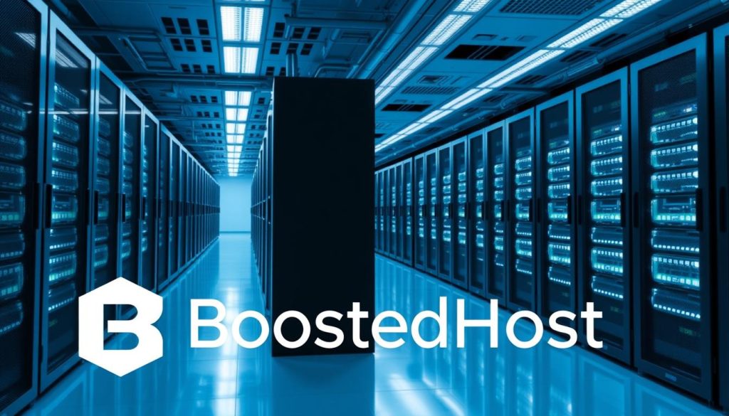 A modern, sleek data center with rows of high-performance servers, sleek silver and black racks, glowing LED lights, and a minimalist, clean aesthetic. The scene is bathed in a cool, bluish-white lighting, creating a sense of efficiency and technological prowess. In the foreground, a prominent BoostedHost logo is prominently displayed, reflecting the company's branding and identity. The overall atmosphere conveys a sense of power, reliability, and cutting-edge technology, perfectly suited for a head-to-head comparison of web hosting providers.