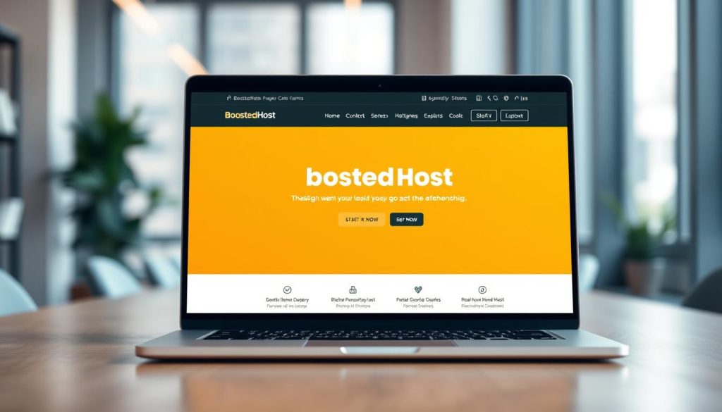 A modern, sleek homepage for BoostedHost website, showcasing a crisp, high-resolution hero section with a bold, responsive layout. The foreground features a laptop displaying the BoostedHost homepage, set against a blurred, light-filled office background. Soft, natural lighting filters through the windows, creating a bright, airy atmosphere. The middle ground includes subtle design elements like icons, buttons, and clean typography to emphasize the user-friendly interface. The background blends seamless gradients and subtle textures to provide depth and a professional, elevated aesthetic. The overall composition conveys a sense of simplicity, efficiency, and technological sophistication.