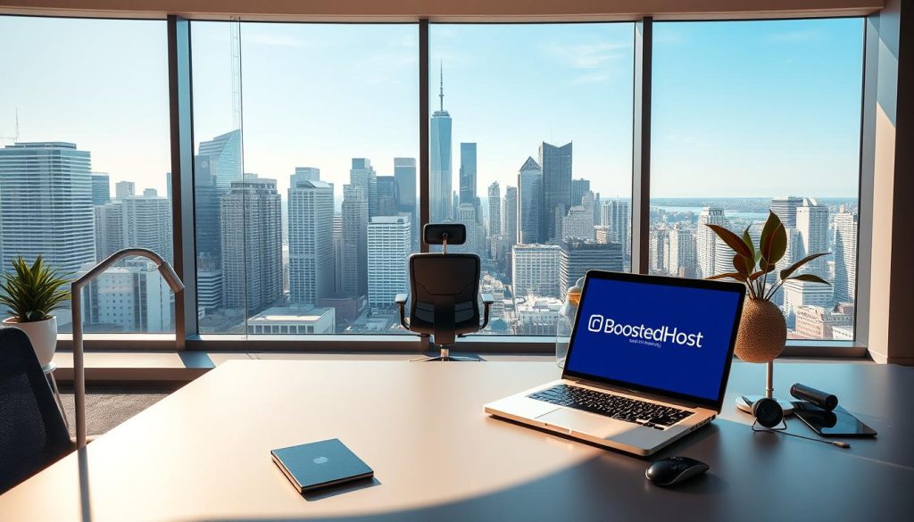 A modern, sleek office interior with a large panoramic window overlooking a vibrant city skyline. In the foreground, a stylish desk with a laptop displaying the "BoostedHost" logo, surrounded by minimal, high-quality office accessories. The middle ground features an ergonomic office chair and a small side table with a plant. The background showcases the cityscape, with skyscrapers and a clear blue sky, bathed in warm, natural lighting. The overall atmosphere conveys a sense of productivity, professionalism, and the US hosting status.