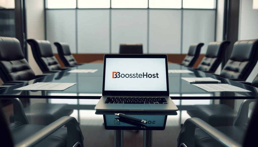 A modern, sleek office setting with a glass conference table and comfortable leather chairs. In the center, a laptop displaying the "BoostedHost" logo, surrounded by documents and a pen. The lighting is soft and natural, creating a professional, yet inviting atmosphere. The camera angle is slightly elevated, giving a sense of authority and decisiveness. The mood conveys a swift, confident verdict being delivered, capturing the essence of the "Quick Verdict for Buyers in the United States" section.