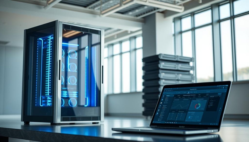A modern, sleek server rack showcasing the performance capabilities of BoostedHost, positioned in a well-lit, minimalist office setting. The server housing is a gleaming metallic finish, with blue LED lights illuminating the interior components. In the foreground, a laptop display highlights the user interface, demonstrating the seamless management and monitoring of the hosting infrastructure. The middle ground features a stack of high-performance networking equipment, conveying the robust connectivity and bandwidth available. The background depicts floor-to-ceiling windows, letting in natural light and creating a sense of openness and professionalism.