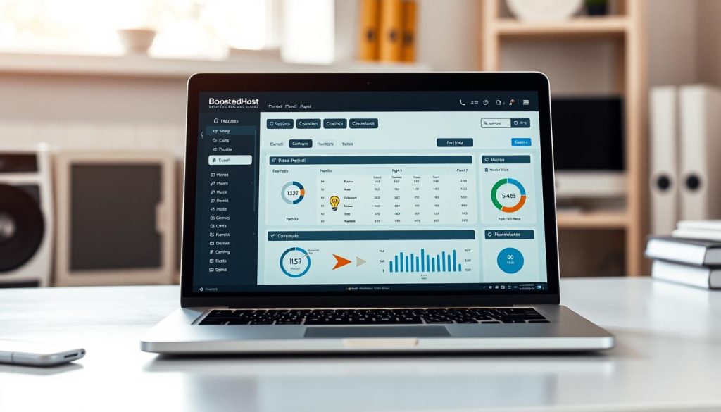 A modern, sleek web hosting control panel interface displayed on a laptop screen, with the BoostedHost logo prominently featured. The display shows various hosting management tools and metrics, conveying a sense of professionalism and efficient web hosting services. The laptop is placed on a minimalist, well-lit desk, with a clean and organized workspace around it. The lighting is soft and diffused, creating a warm and inviting atmosphere. The camera angle is slightly elevated, giving a clear view of the laptop screen and the surrounding environment. A modern, sleek web hosting control panel interface displayed on a laptop screen, with the BoostedHost logo prominently featured. The display shows various hosting management tools and metrics, conveying a sense of professionalism and efficient web hosting services. The laptop is placed on a minimalist, well-lit desk, with a clean and organized workspace around it. The lighting is soft and diffused, creating a warm and inviting atmosphere. The camera angle is slightly elevated, giving a clear view of the laptop screen and the surrounding environment.